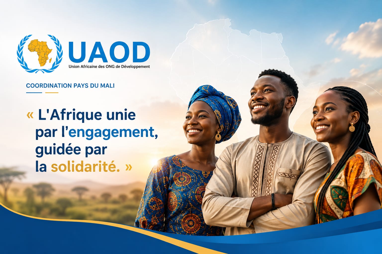 Trois membres de l'UAOD souriants devant une carte de l'Afrique et un paysage de savane.